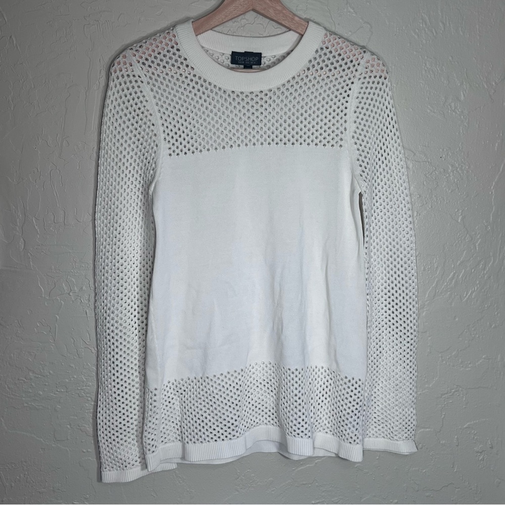 TOPSHOP WHITE LONG SLEEVE MESH BLOUSE SIZE 6
